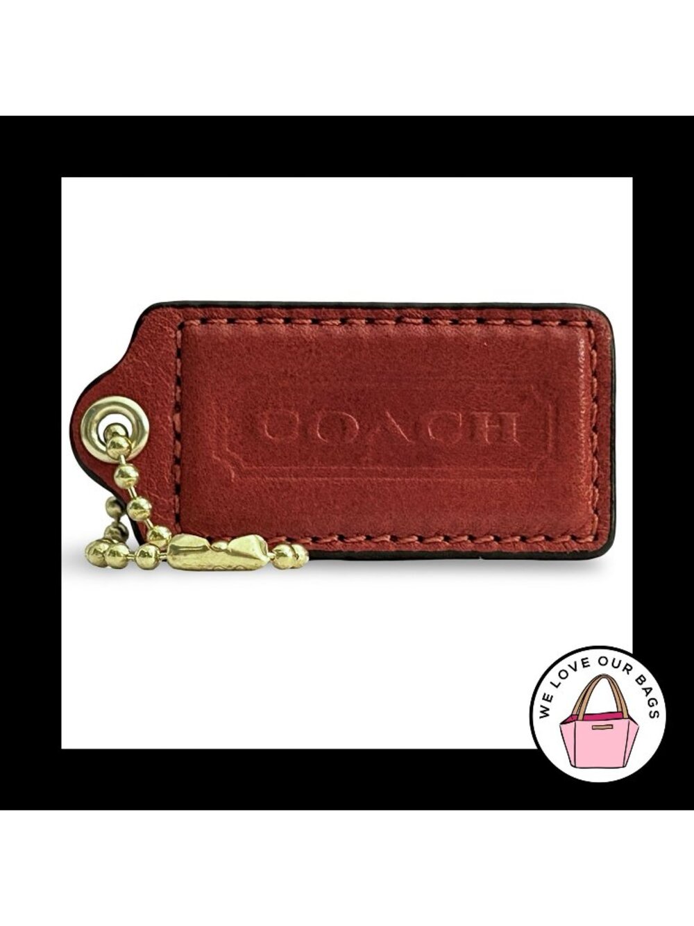 COACH HANG TAG 2.5" Burnt Orange Leather Bag Charm Keychain Fob Brass Large